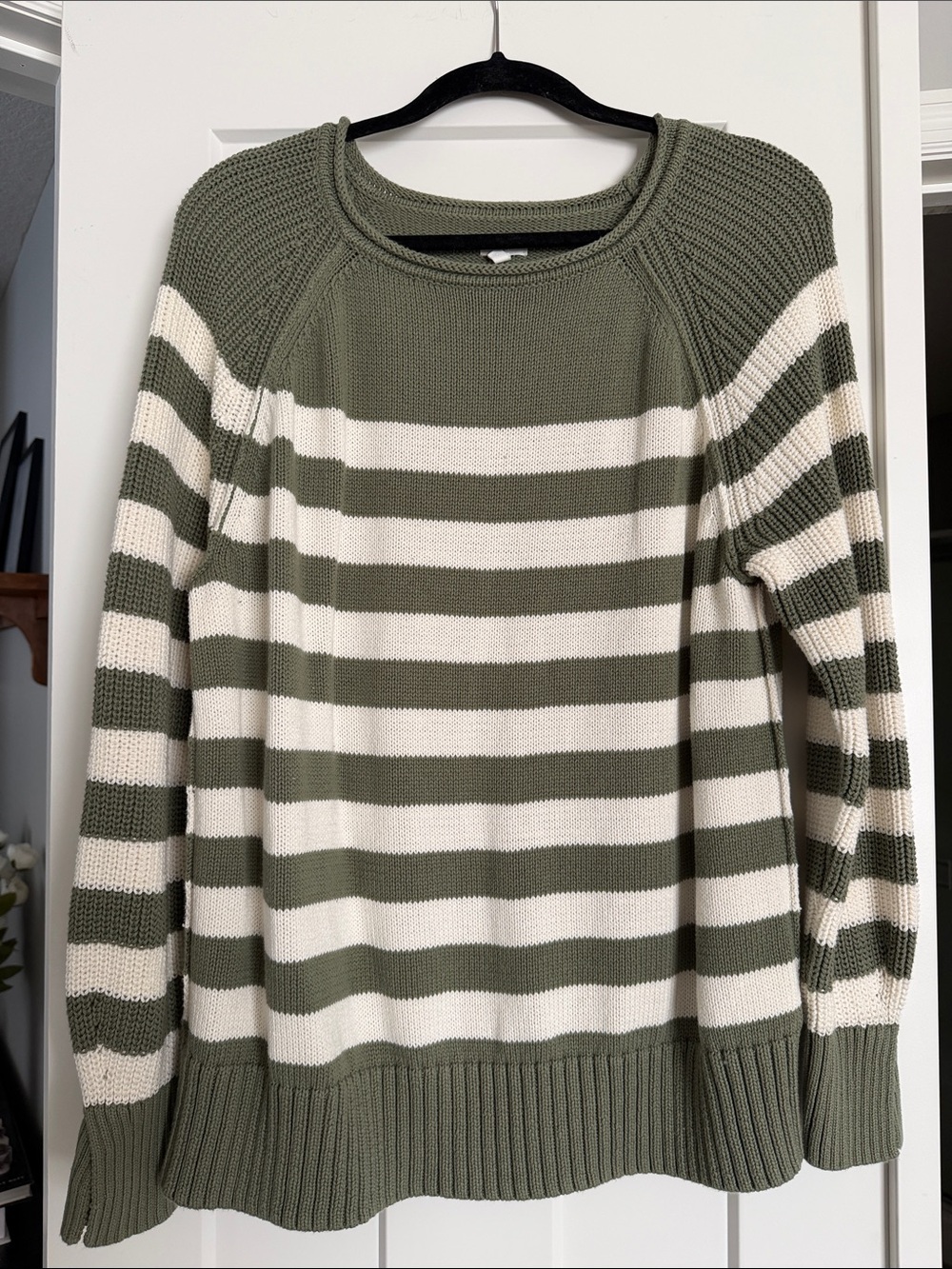 aerie Olive Green and Cream Striped Crewneck Sweater